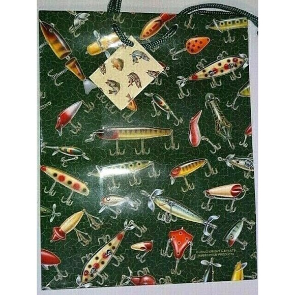 Rivers Edge Antique Lure Fishing Gift Bag Green Handle Card Tag 10 x 8 x 4 NEW - Picture 4 of 4